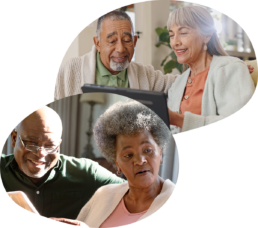 Older Latino/Hispanic couple looking at a tablet, Frequently asked questions, colorectal cancer, TAK-113-4002 Study. Older Black/African American couple listening, Frequently asked questions, colorectal cancer, TAK-113-4002 Study